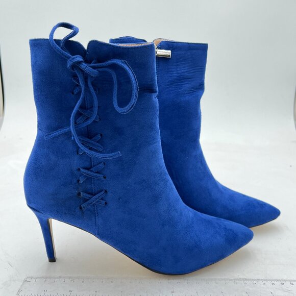 Women's Royal Blue Ankle Boots Pointed Toe Heels Lace up Classic Boots - Picture 1 of 6